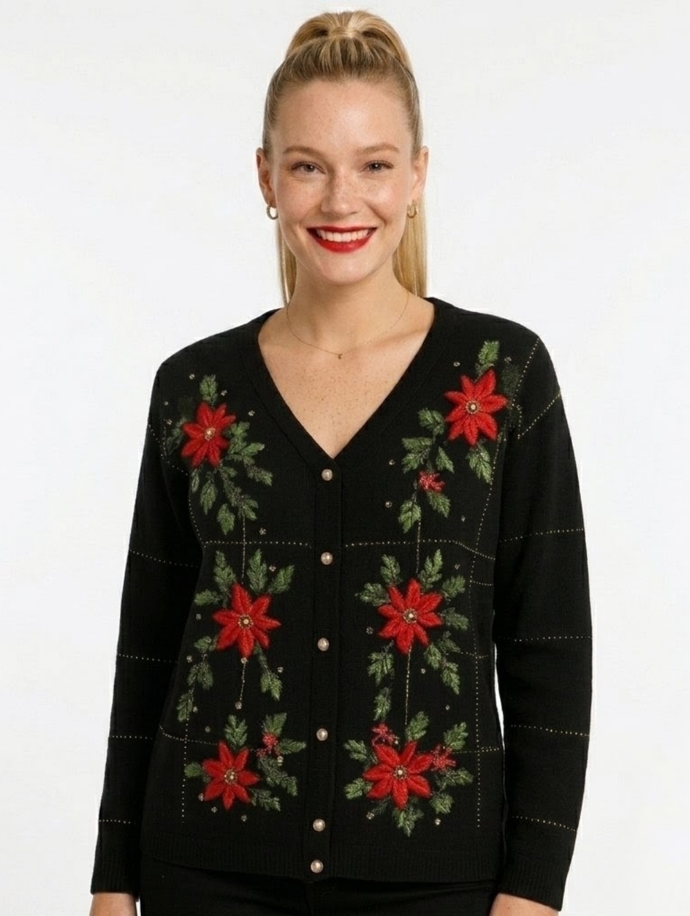 Victoria Jones Black Floral Poinsettia Christmas Beaded Cardigan Sweater -Large